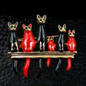 Red & Black Cats on a Shelf Brooch Pendant NWT